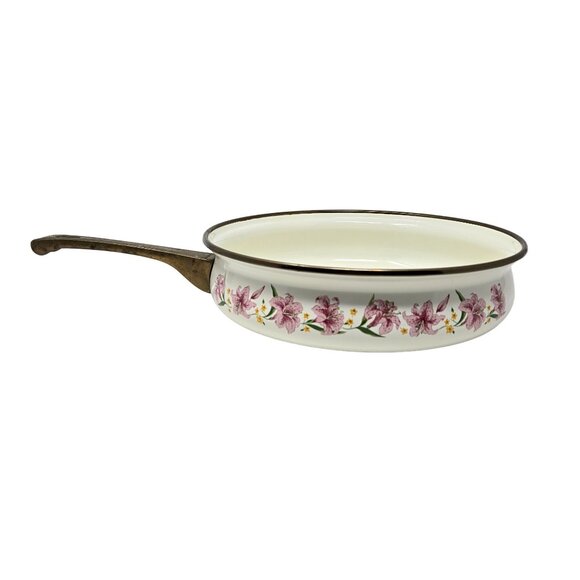 Normandy Taiwan Vintage Enamel Frying Pan With Lily Floral Design & Brass Handle - Picture 1 of 13